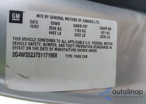 2003 Buick Century Custom from USA, damaged, VIN 2G4WS52J731171968